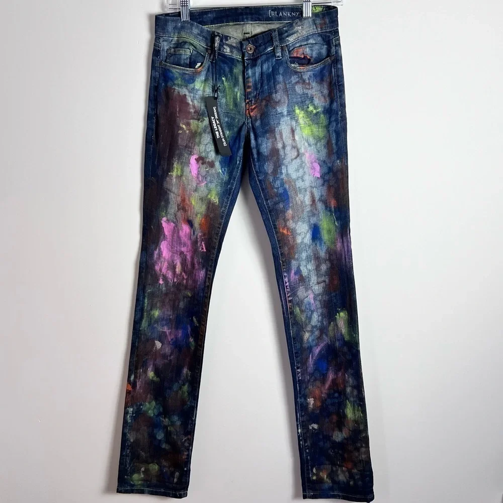 BlankNYC Hand Painted 'Crazy Legs' Splatter Design Slim Straight Leg Jeans - Picture 2 of 16